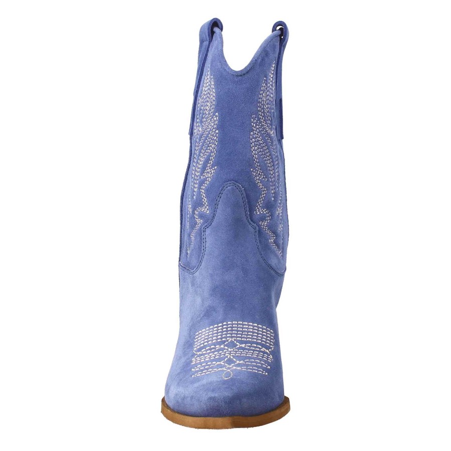 Leonardo Women'S Texan Ankle Boot In Suede, Light Blue With Embroidery.