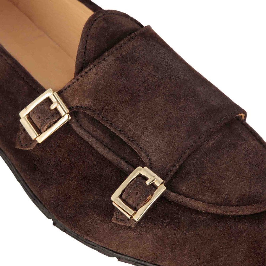 Leonardo Men'S Moccasin In Dark Brown Suede With Double Buckle