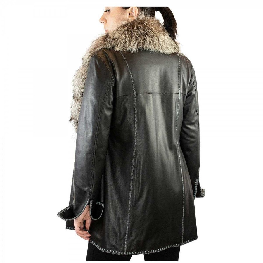 Leonardo Elegant Luana Women'S Handmade Jacket In Black Lambskin With Fox Fur