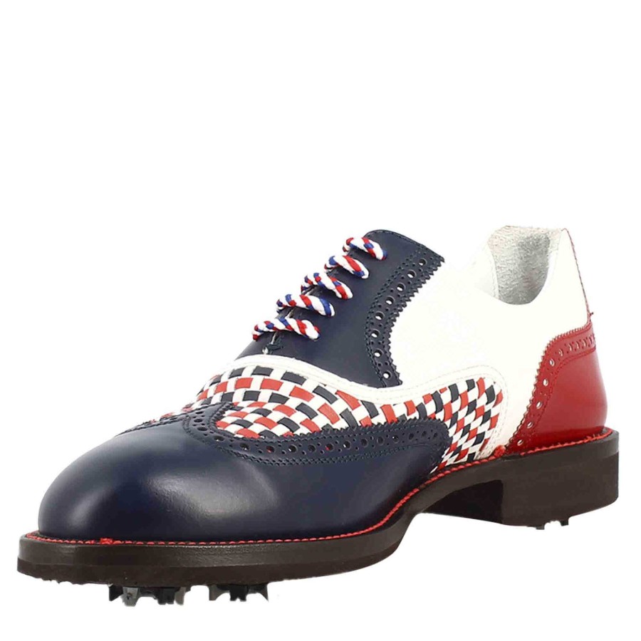 Leonardo Blue And Red Women'S Golf Shoes With Handcrafted Leather Brogue Details