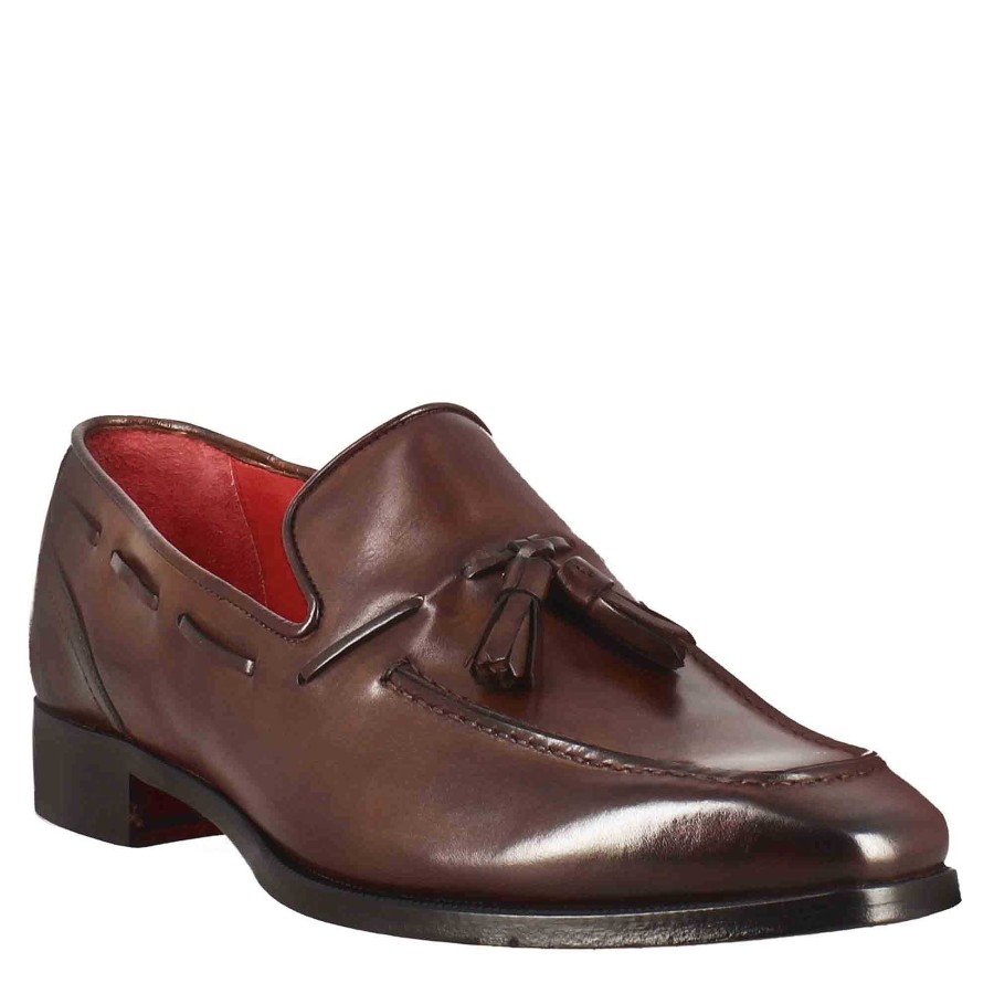 Leonardo Men'S Tassel Loafer In Brown Leather With Square Toe