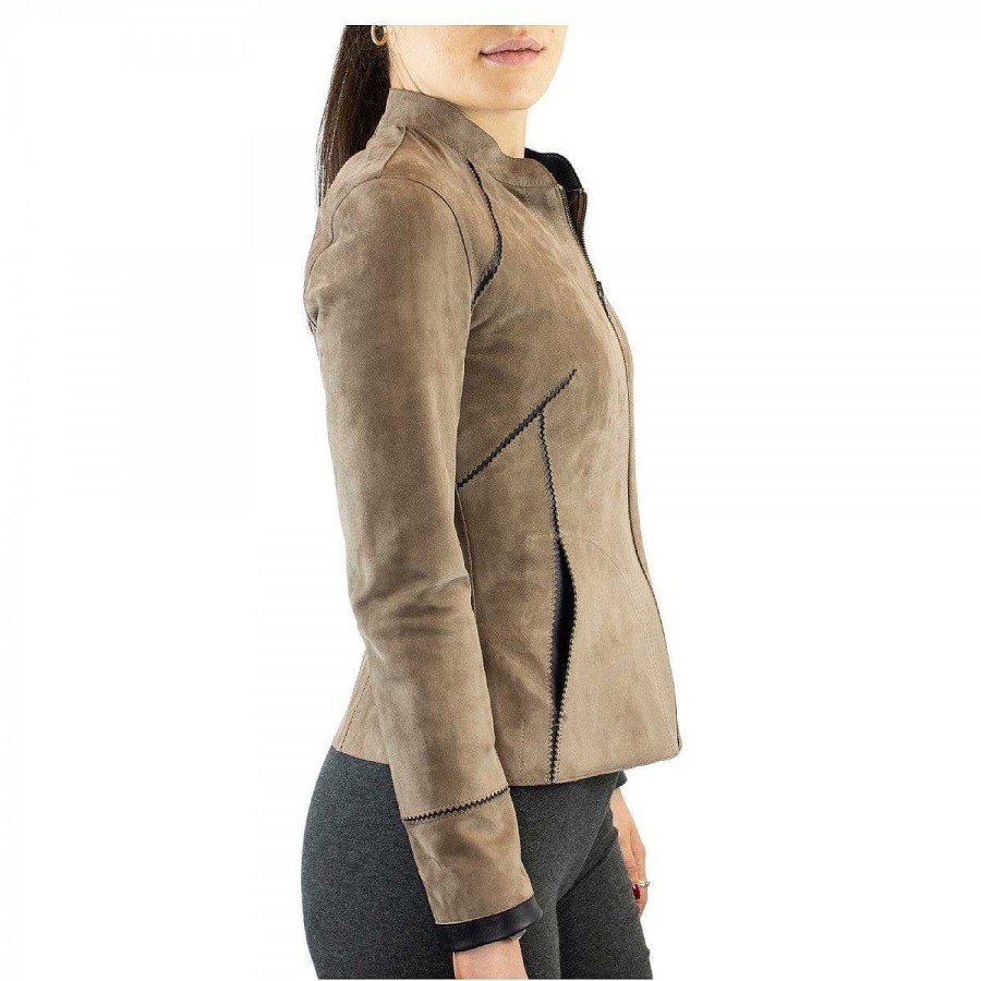 Leonardo Astrid Women'S Reversible Jacket Handmade In Taupe Reindeer Leather And Black Lambskin