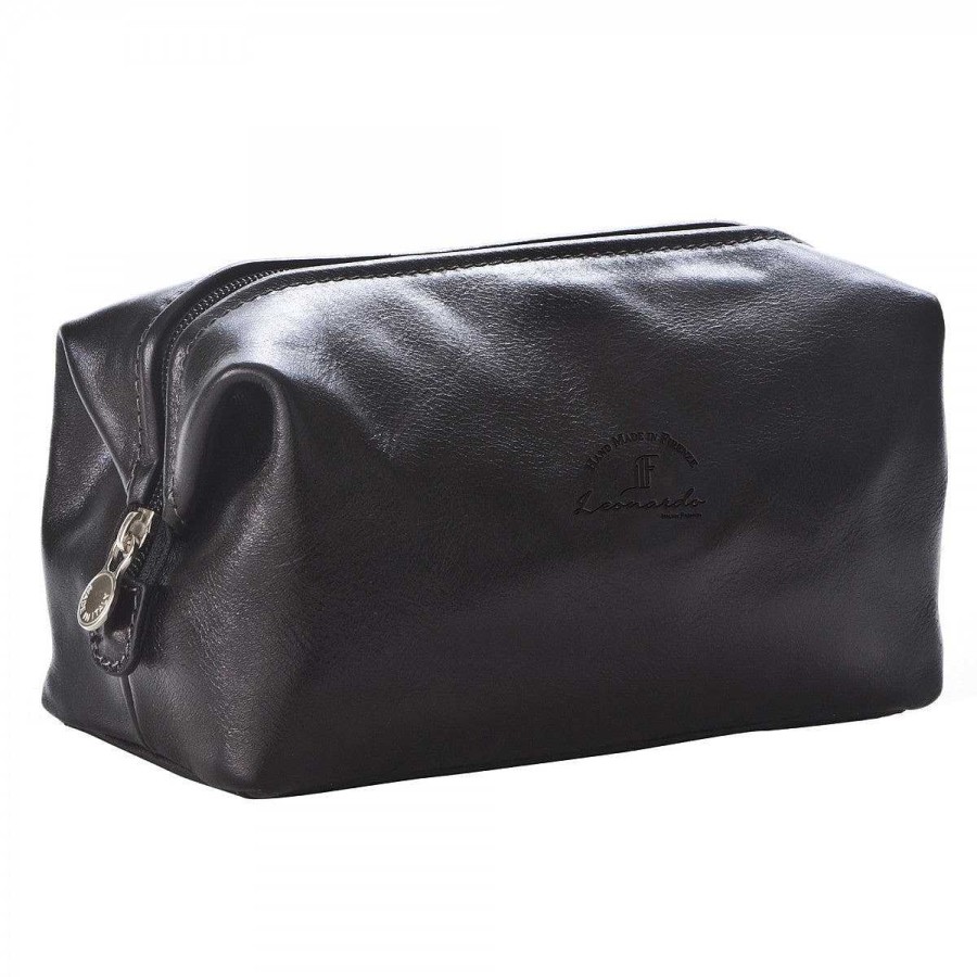 Leonardo Large Toiletry Bag In Full Grain Leather With Zip Closure And Utility Pocket