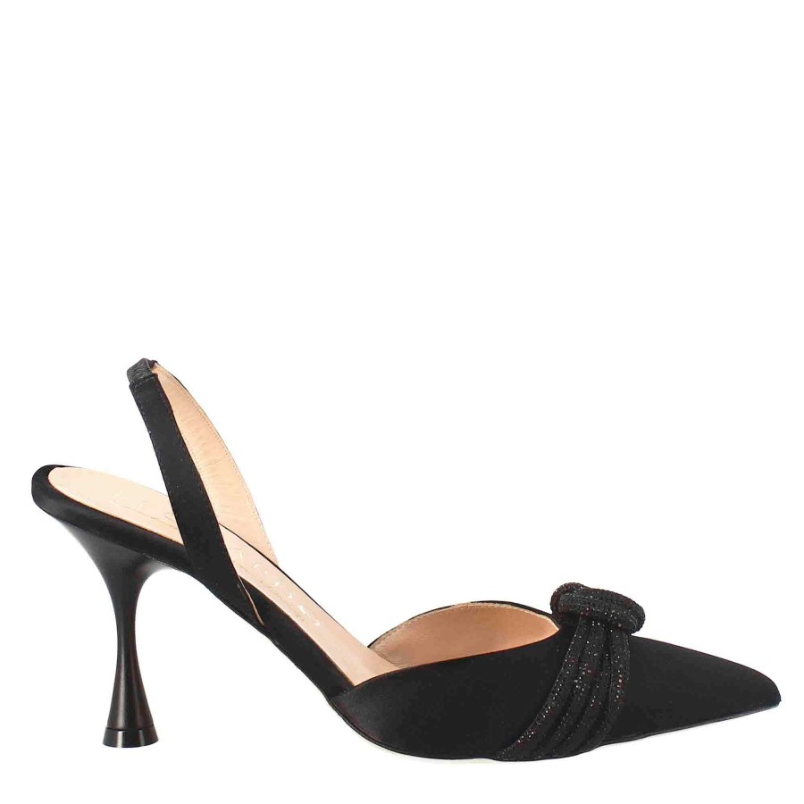 Leonardo Women'S Pumps In Black Satin With Accessory Handmade In Italy