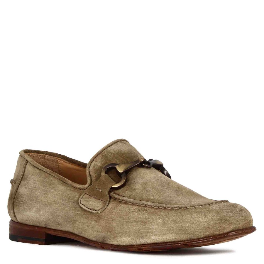 Leonardo Men'S Moccasin In Beige Suede With Gold-Coloured Clamp