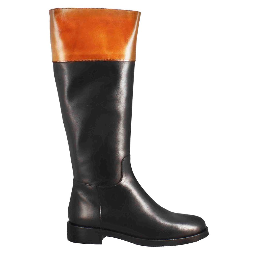 Leonardo Smooth Women'S Knee-High Boot With Low Heel In Brown And Black Leather