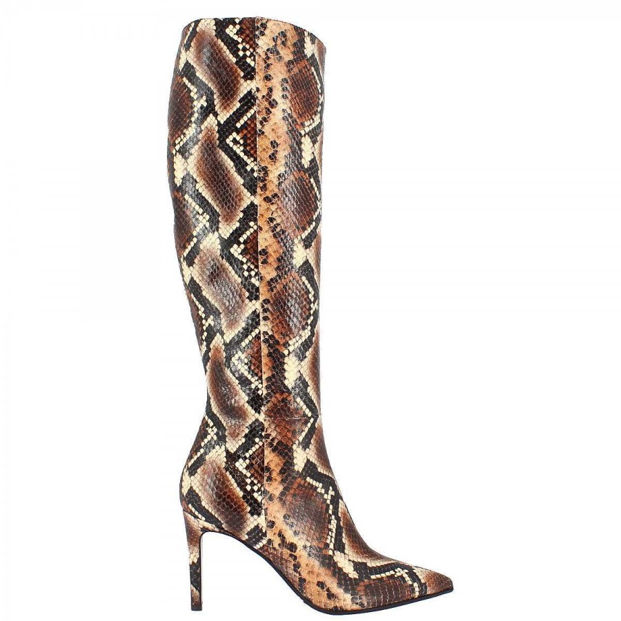 Leonardo Pointed Knee Boots With Brown Python Effect Heel For Women