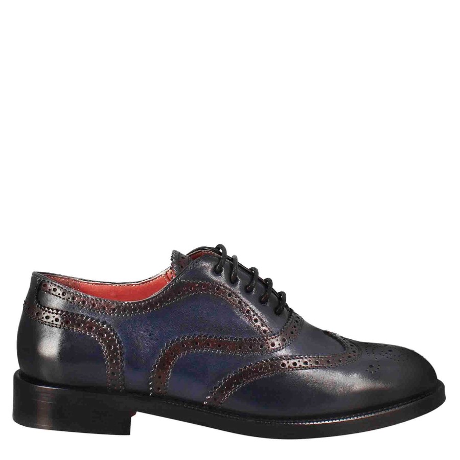 Leonardo Women'S Oxfords With Brogue Effect In Blue Leather