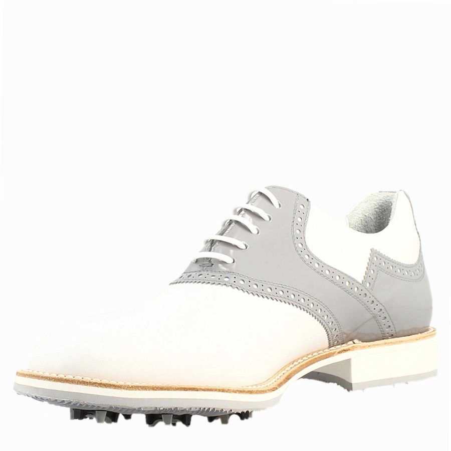 Leonardo Women'S Golf Shoes In White And Gray With Handcrafted Leather Brogue Details