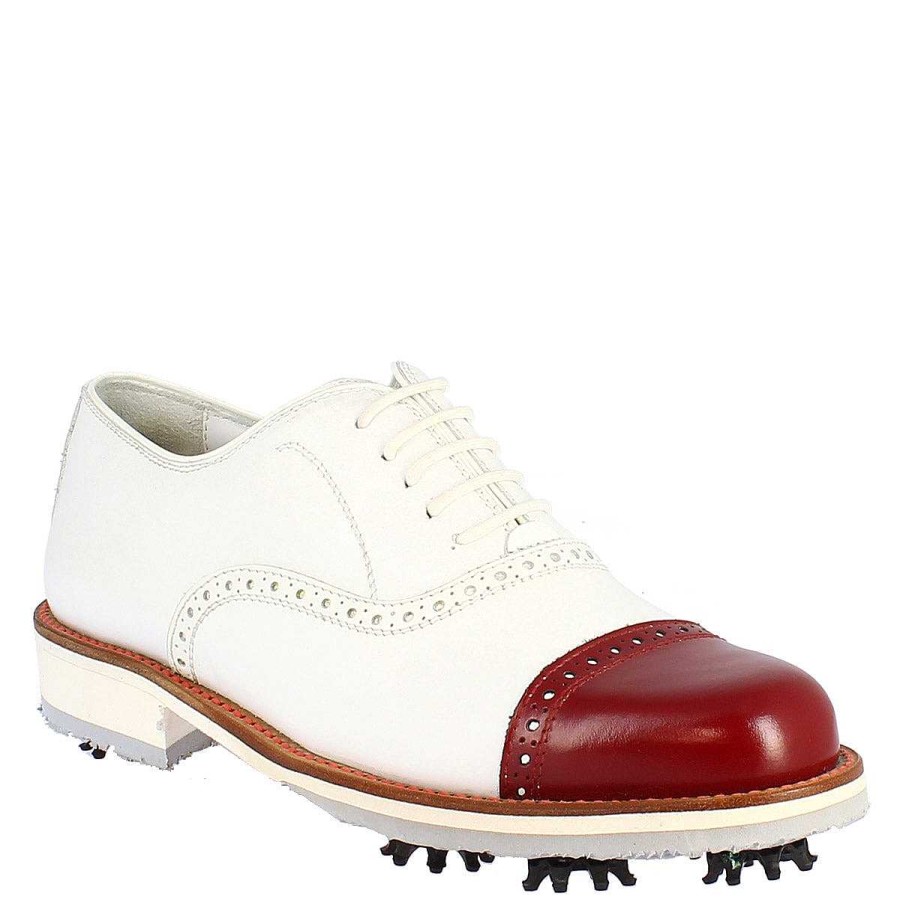 Leonardo Handcrafted Women'S Golf Shoes In White Leather With Red Toe Cap