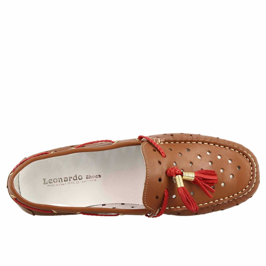 Leonardo Classic Handmade Women'S Loafers In Brown Perforated Leather