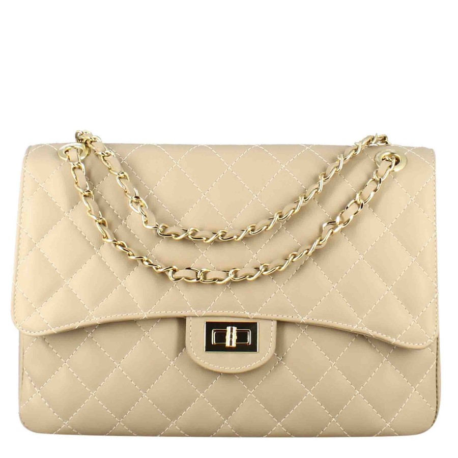 Leonardo Large Vanity Shoulder Bag In Beige Quilted Leather