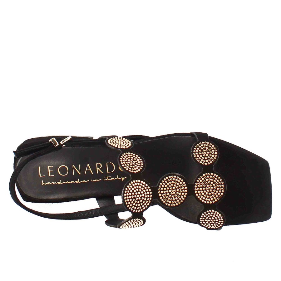 Leonardo Square-Shaped Women'S Sandal In Black Suede With Glitter