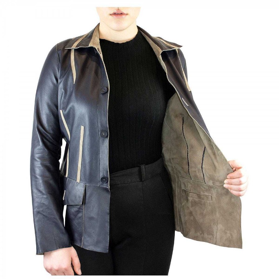 Leonardo Reversible Andromeda Model Jacket For Women Handmade In Gray And Black Reindeer And Lamb Leather