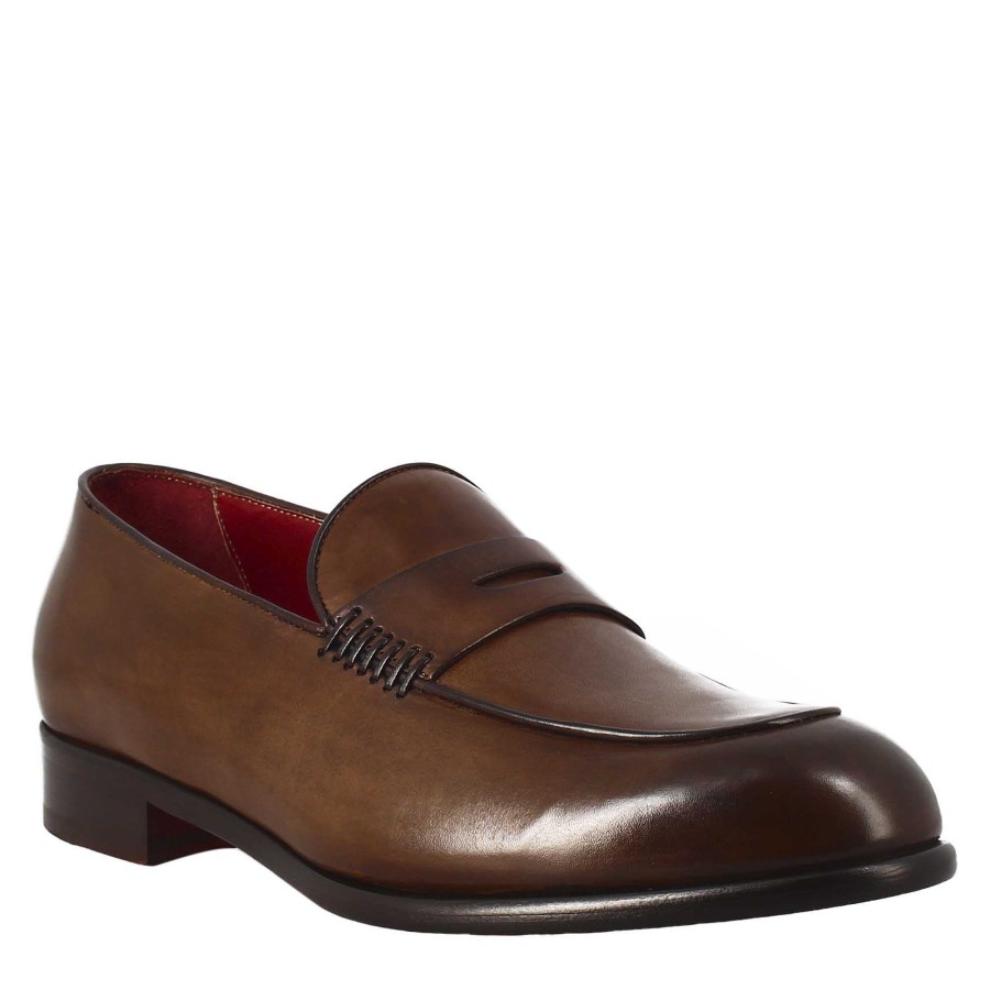 Leonardo Brown And Dark Brown Men'S Moccasin In Full Grain Leather