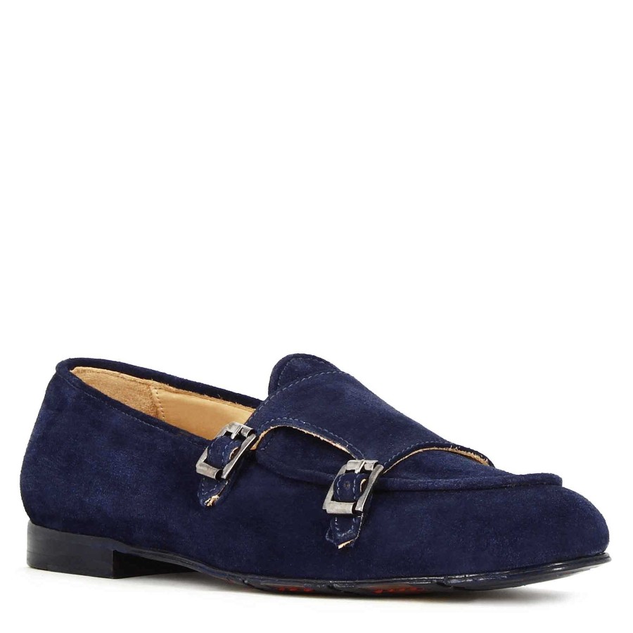 Leonardo Men'S Moccasin In Blue Suede With Double Buckle