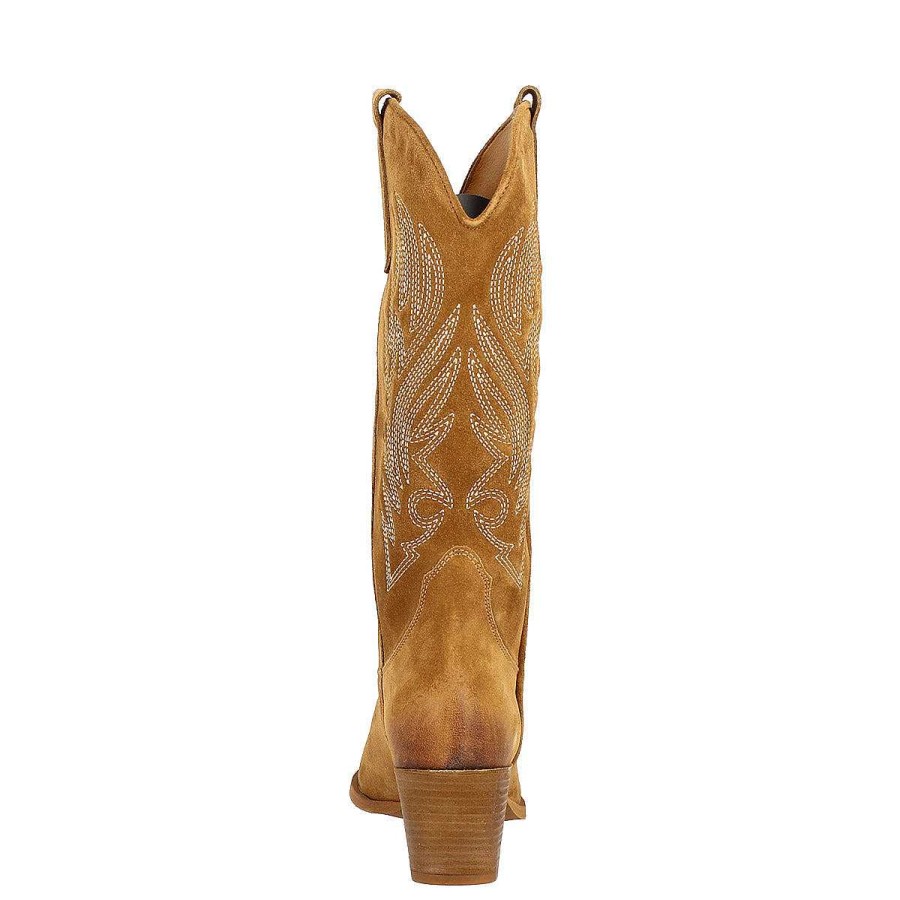 Leonardo Women'S Texan Boot In Tan Suede With Embroidery.