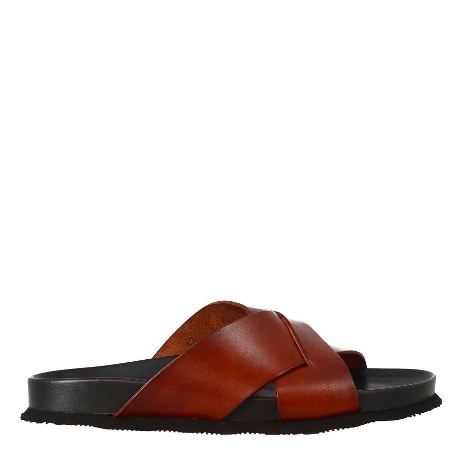 Leonardo Brown Leather Men'S Sandals Open At The Back