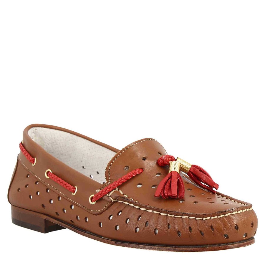 Leonardo Classic Handmade Women'S Loafers In Brown Perforated Leather