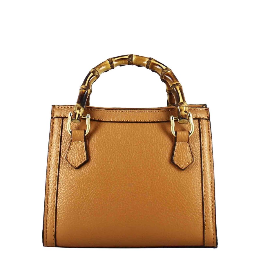 Leonardo Mini Bamboo Women'S Handbag In Brown Leather With Wooden Handles And Shoulder Strap