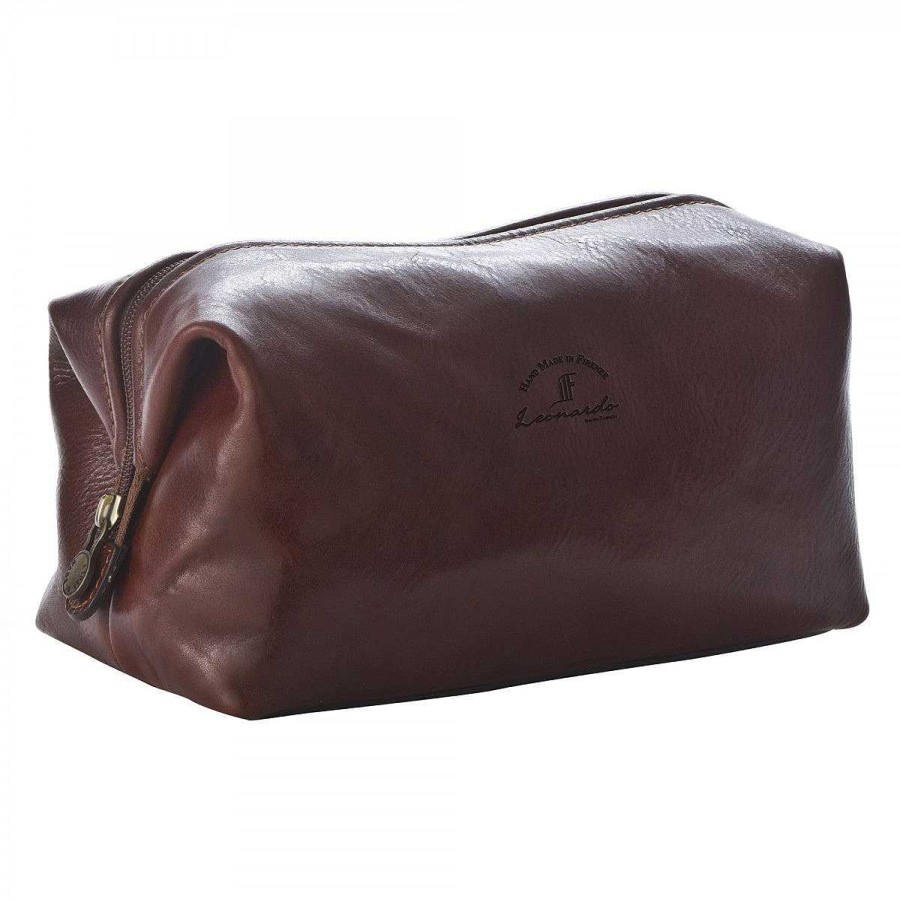 Leonardo Small Toiletry Bag In Full Grain Leather With Zip Closure And Utility Pocket