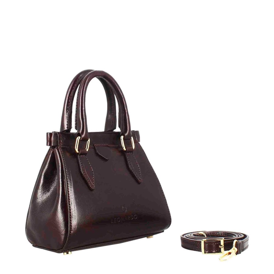 Leonardo Fiorenza Leather Handbag With Removable Dark Brown Shoulder Strap