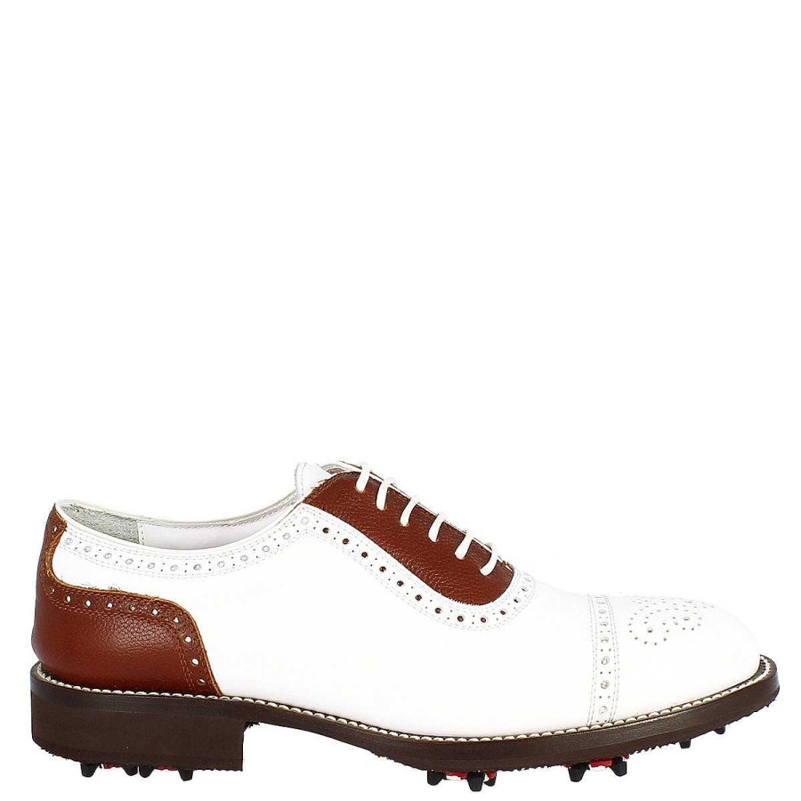 Leonardo Classic Handcrafted Men'S Golf Shoes In White Brown Leather