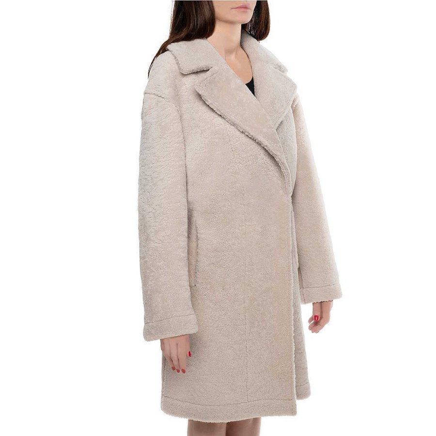 Leonardo Beige Women'S Long Sheepskin Coat With Buttons