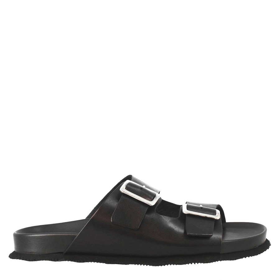 Leonardo Black Double Buckle Men'S Leather Sandals Open At The Back