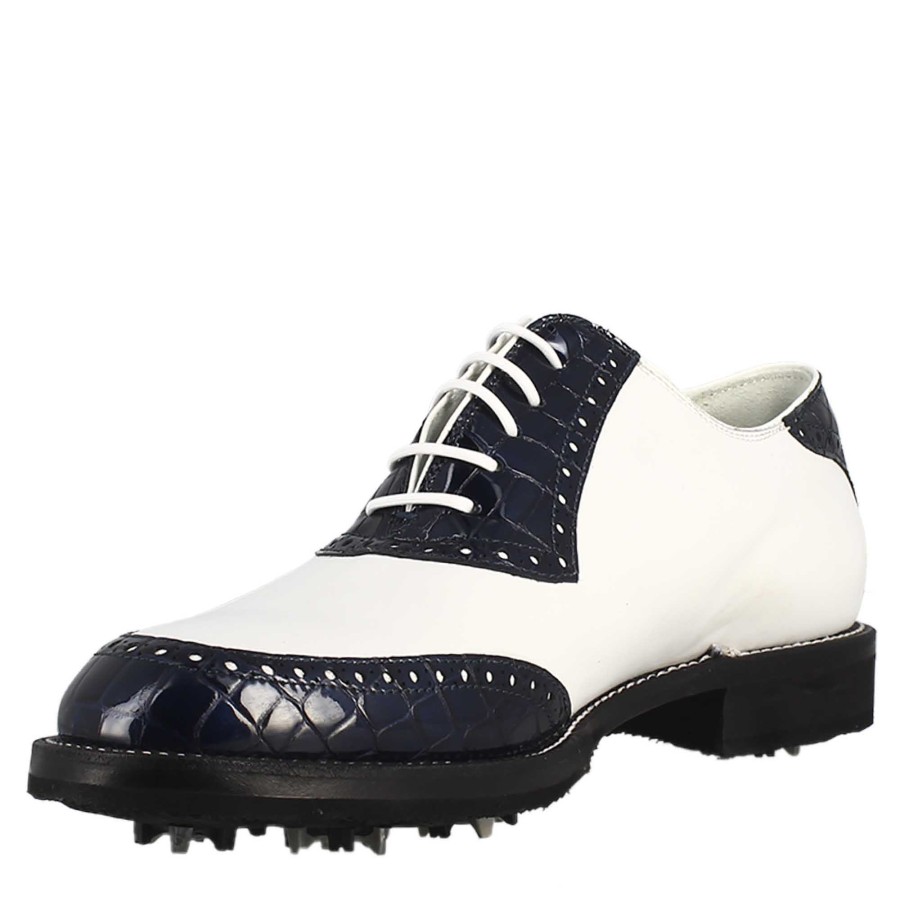 Leonardo Handcrafted Men'S Golf Shoes In White And Blue Coconut Leather