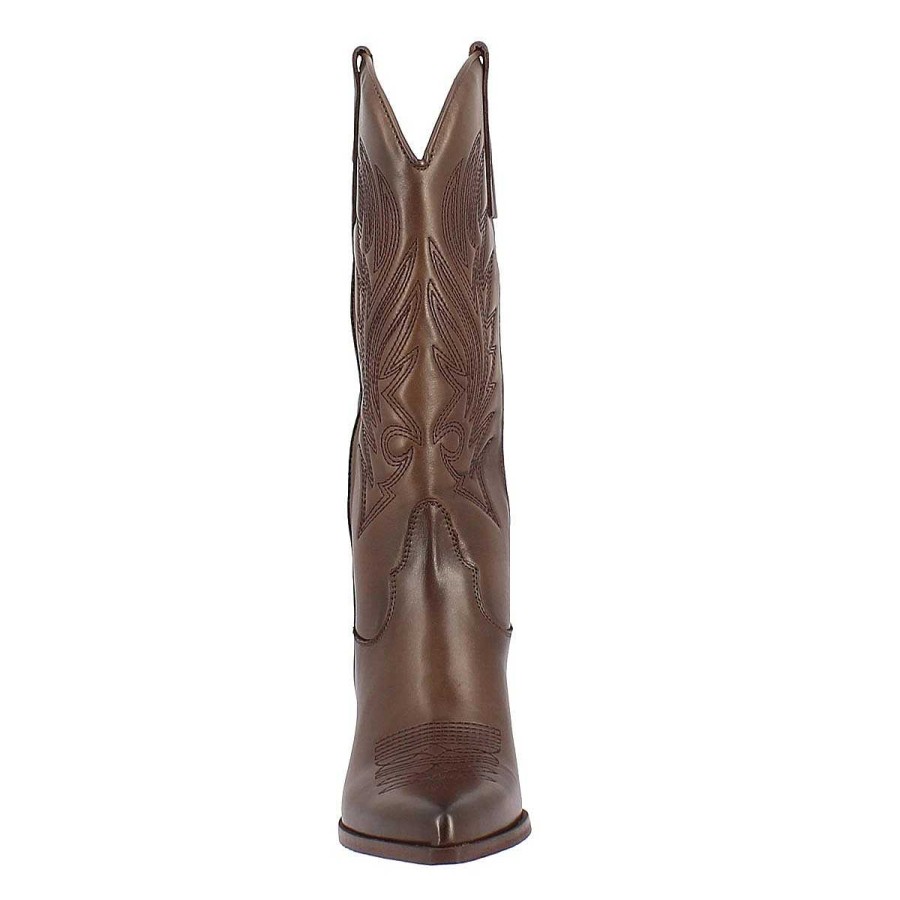 Leonardo Women'S Texan Boot In Brown Leather With Embroidery