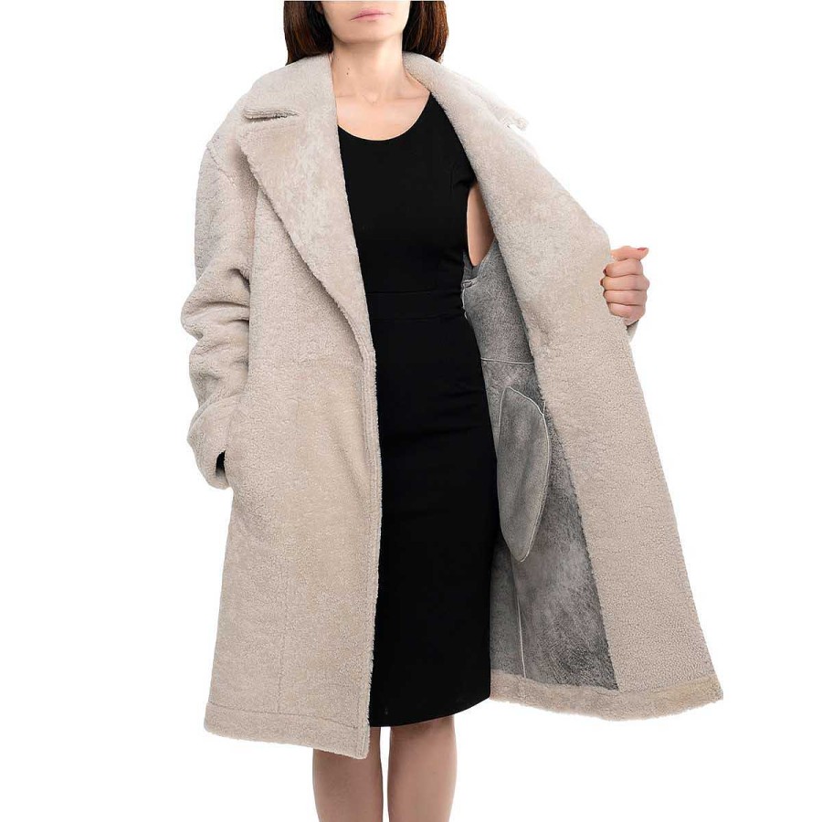 Leonardo Beige Women'S Long Sheepskin Coat With Buttons