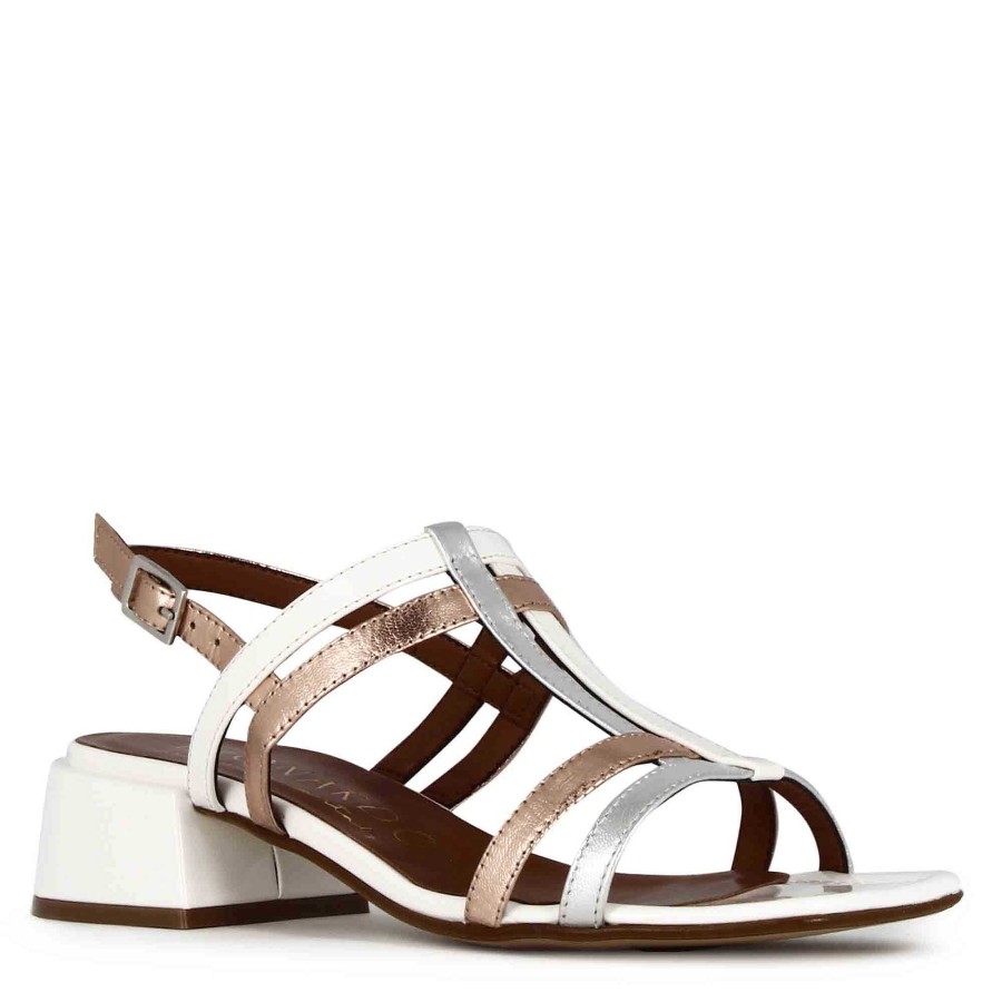 Leonardo Women'S Sandal With White And Silver Patent Leather Bands