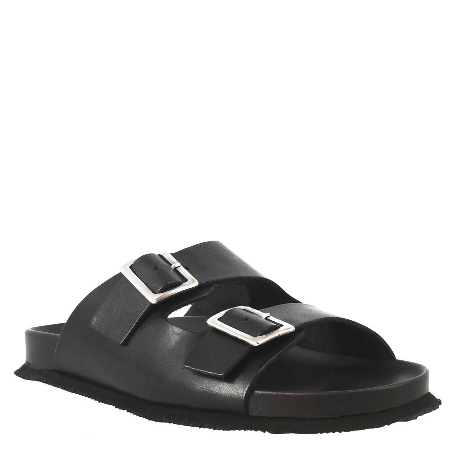 Leonardo Black Double Buckle Men'S Leather Sandals Open At The Back