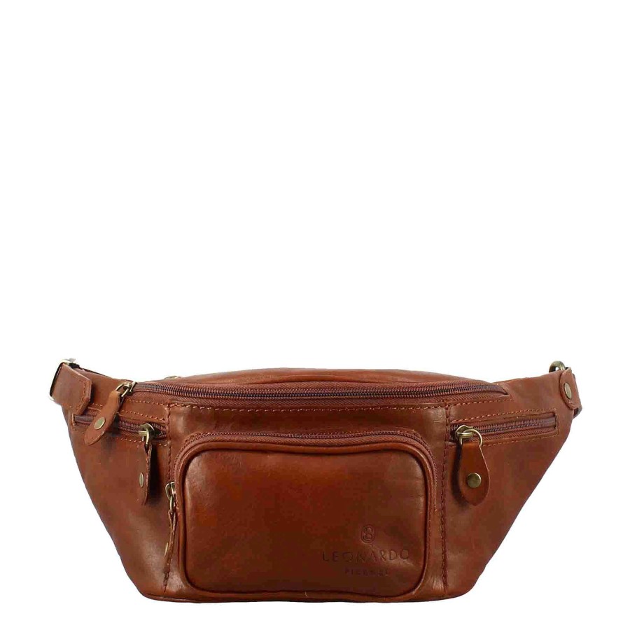 Leonardo Classic Men'S Bum Bag In Brown Multi-Pocket Leather