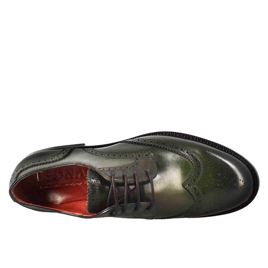 Leonardo Women'S Derby With Brogue Effect In Dark Green Leather