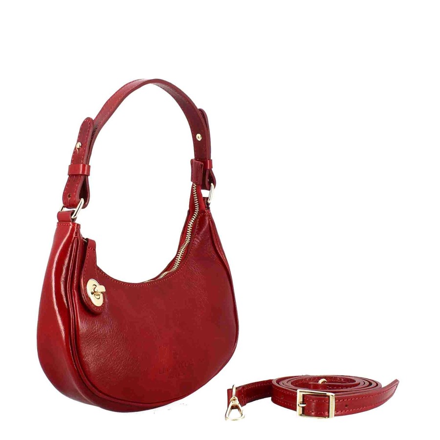 Leonardo Jane Shoulder Bag In Red Leather With Removable Shoulder Strap