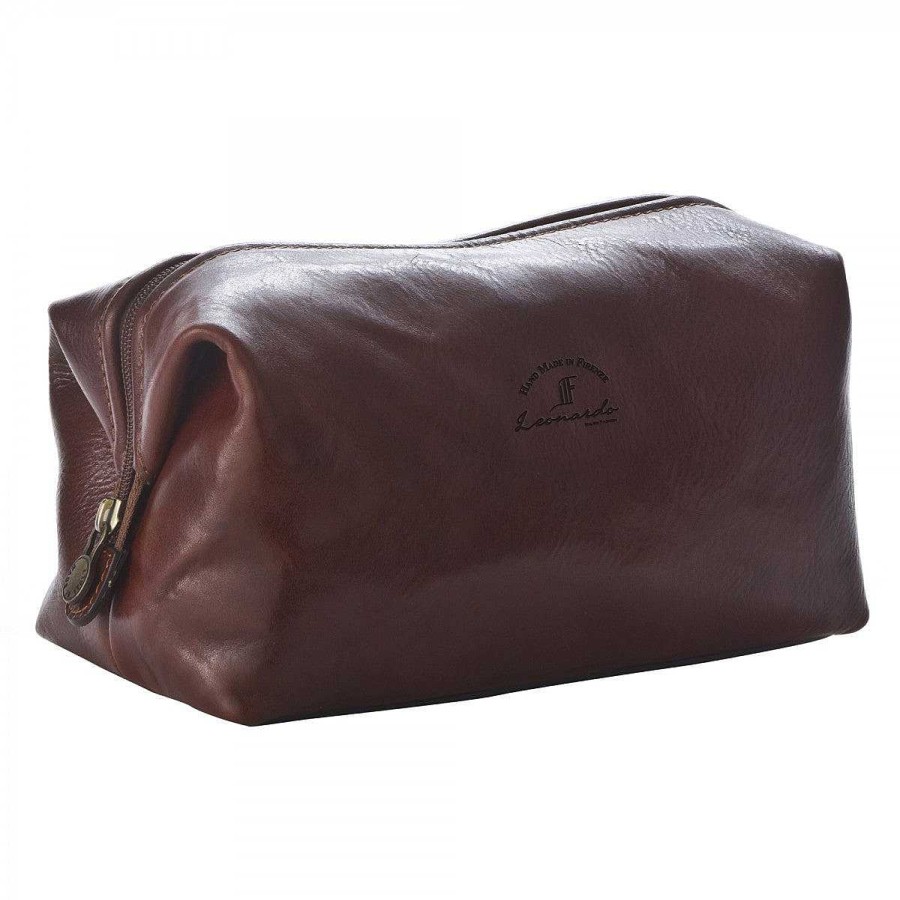 Leonardo Small Toiletry Bag In Full Grain Leather With Zip Closure And Utility Pocket