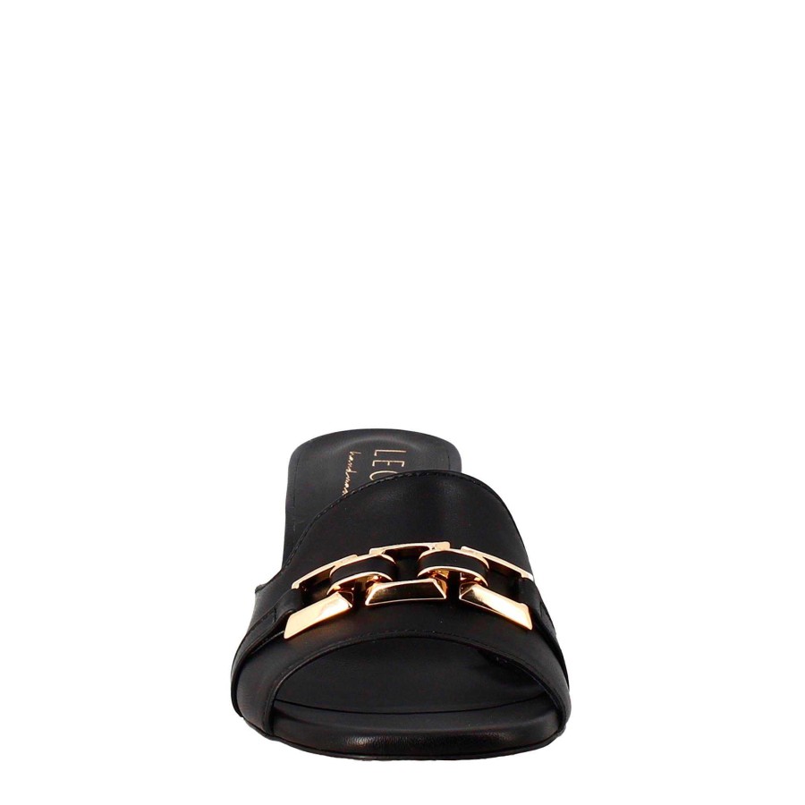 Leonardo Open Sandal With Buckle For Women In Black Leather