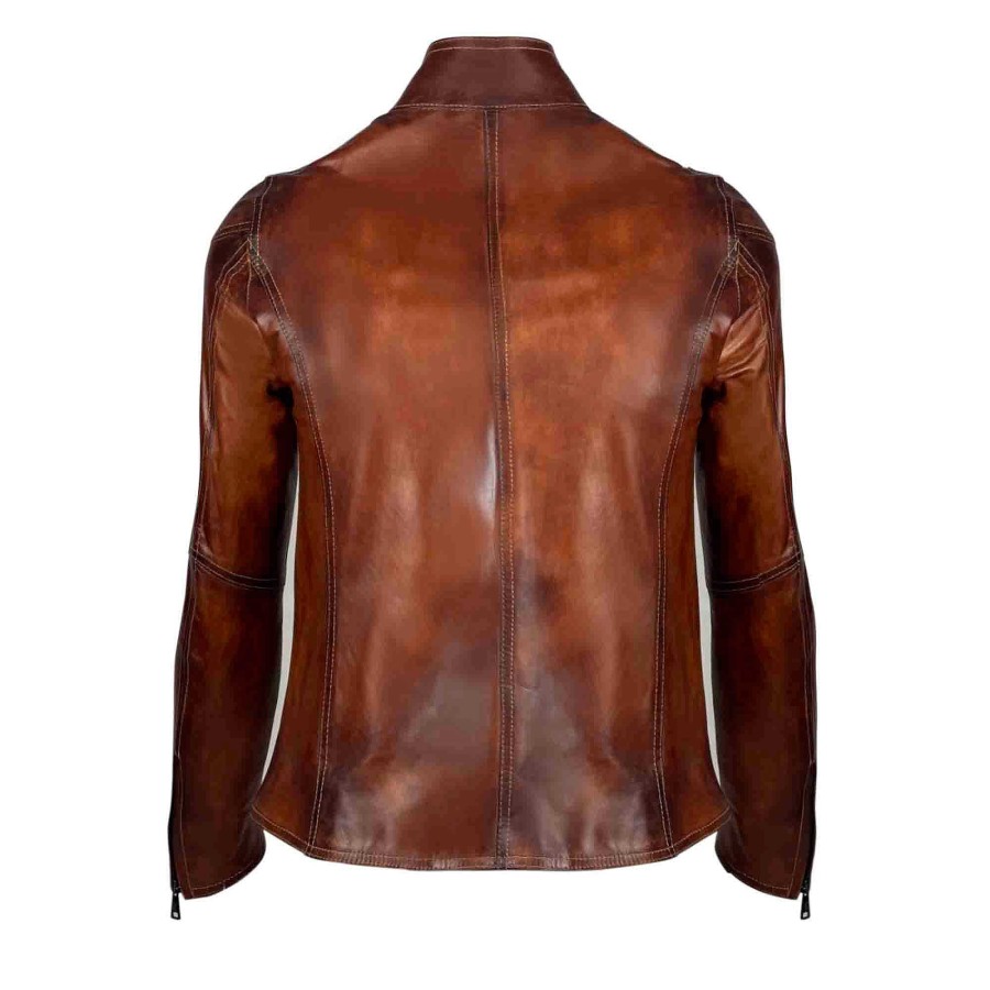 Leonardo Women'S Jacket In High Quality Brown Vegetable Tanned Leather