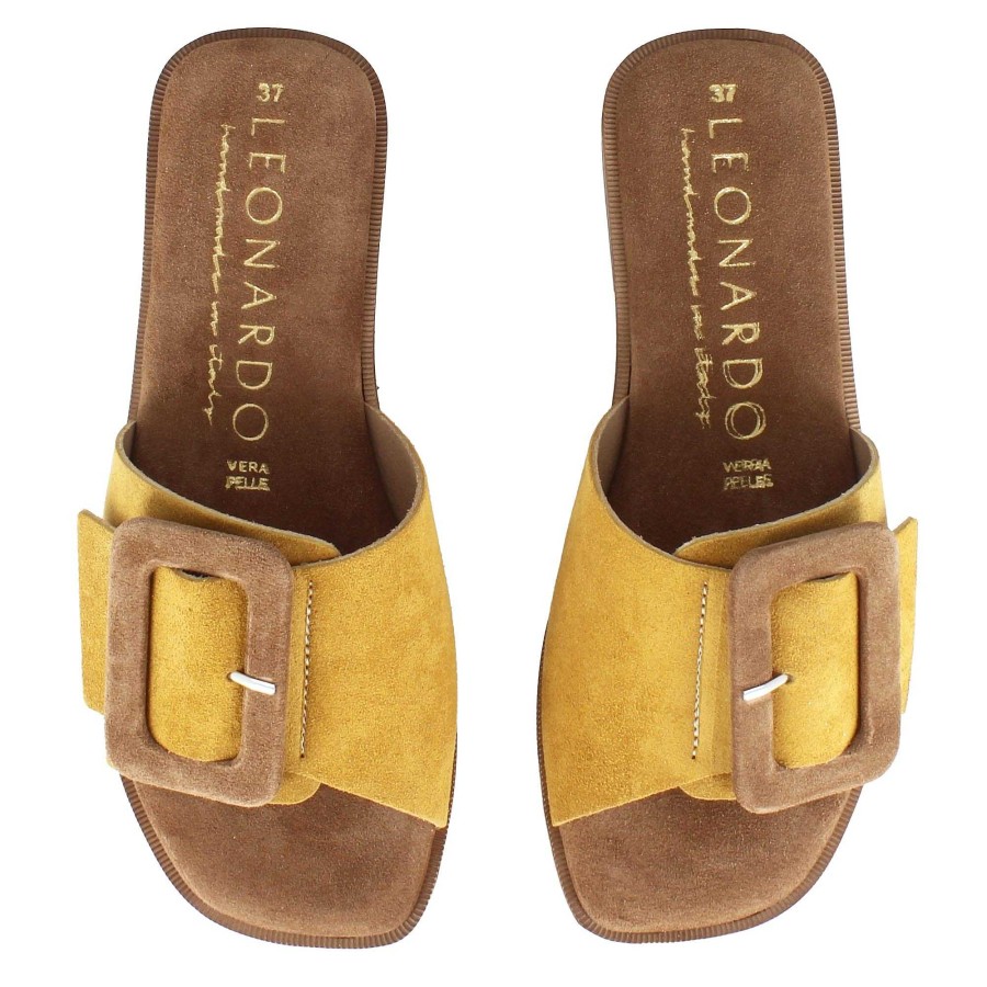 Leonardo Yellow And Brown Suede Women'S Slippers