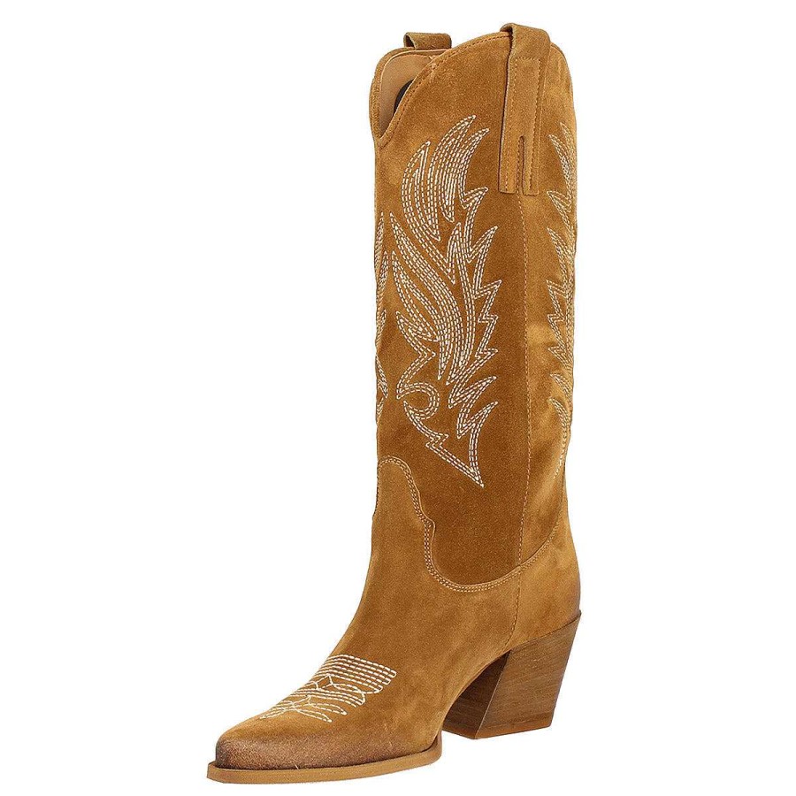 Leonardo Women'S Texan Boot In Tan Suede With Embroidery.