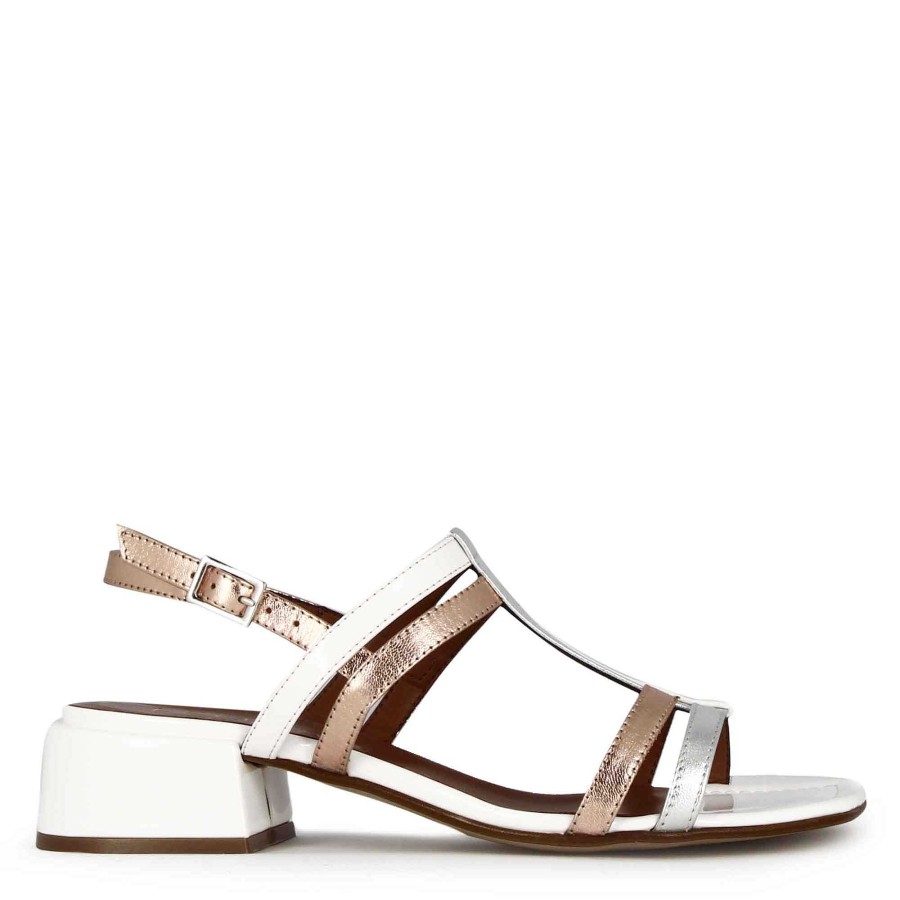 Leonardo Women'S Sandal With White And Silver Patent Leather Bands