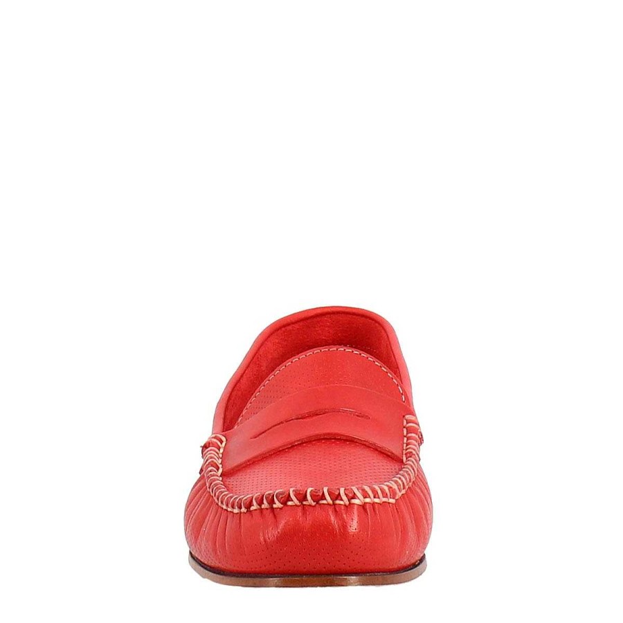 Leonardo Handcrafted Women'S College Loafers In Red Perforated Leather