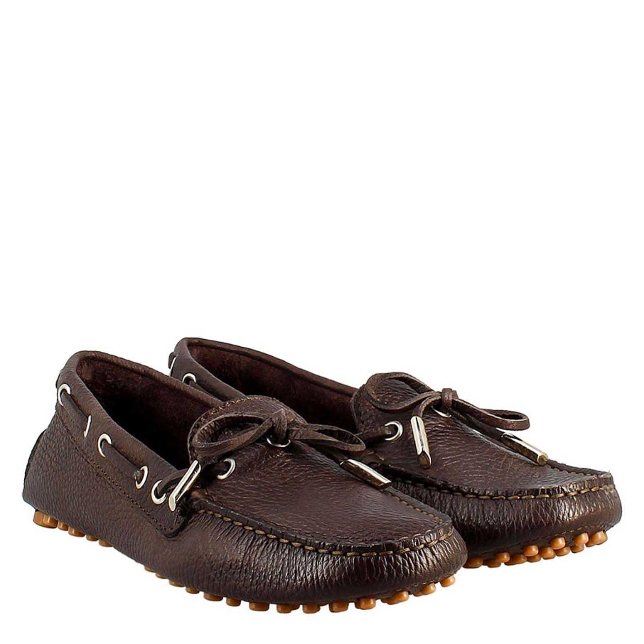 Leonardo Women'S Moccasin With Laces In Dark Brown Leather