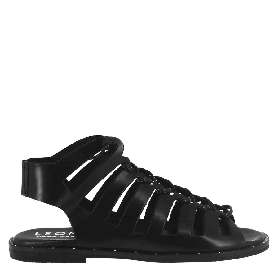 Leonardo Women'S Gladiator Sandal With Handmade Laces In Black Leather