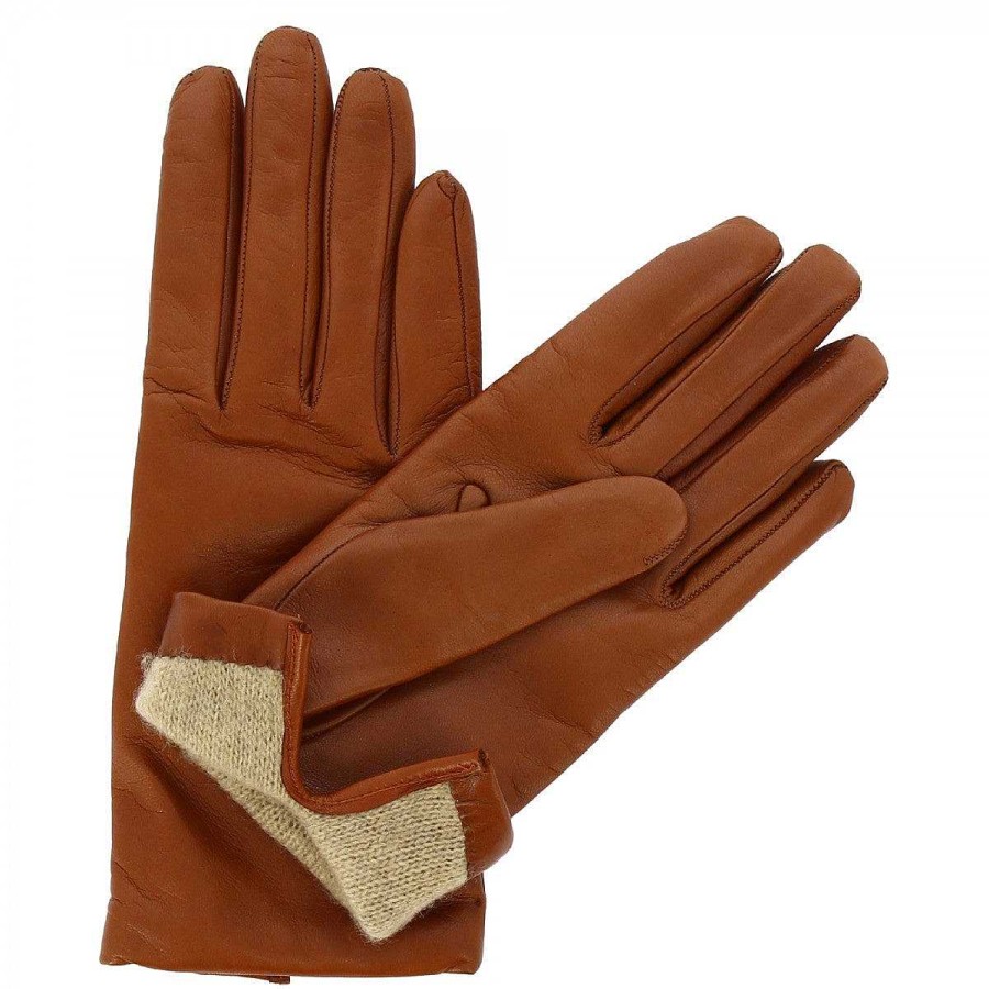 Leonardo Classic Handmade Women'S Gloves In Brown Nappa Cashmere Lined