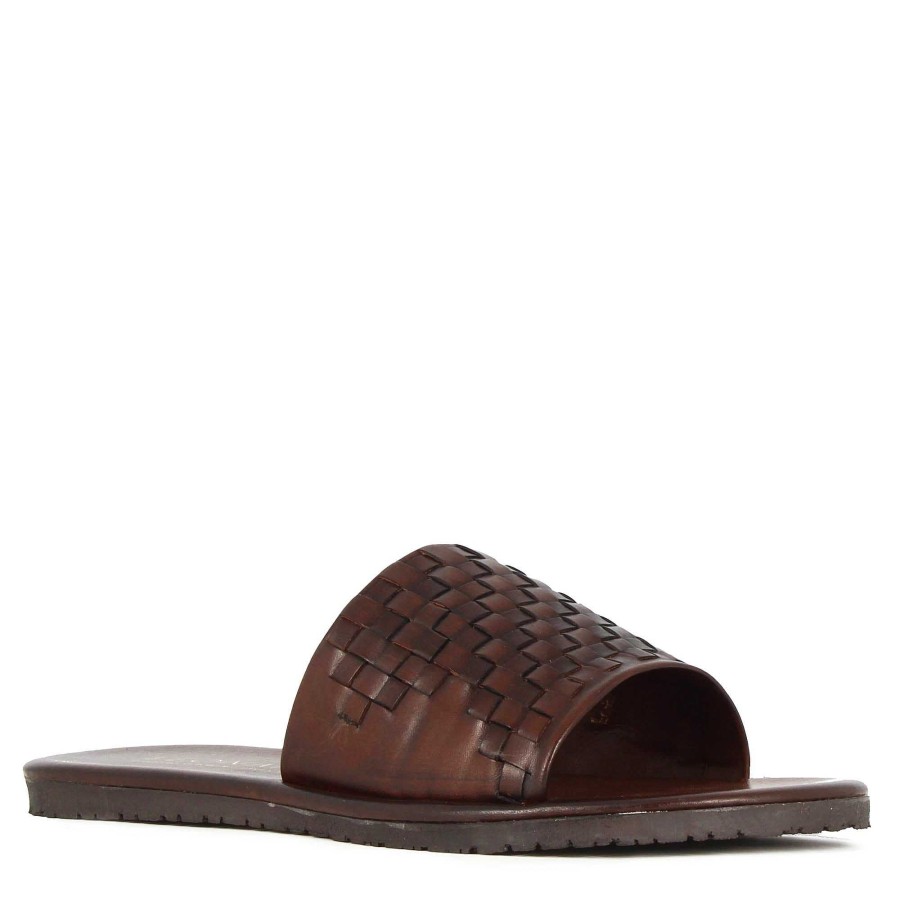 Leonardo Men'S Slide Sandal With Brown Woven Leather Band